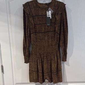 Rails Brown Pleated Smocked Mini Dress with Long Bishop Sleeves